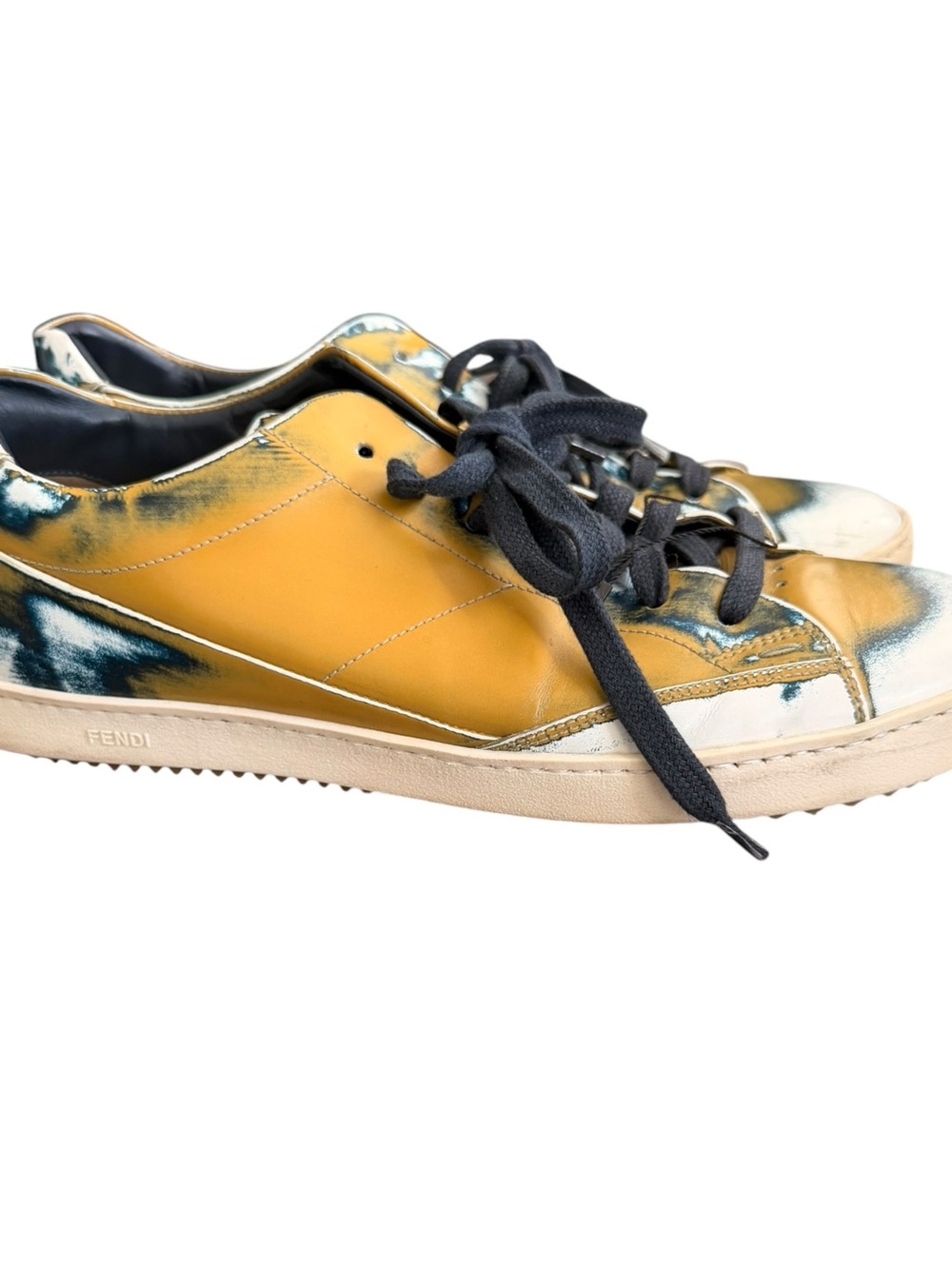 Fendi Mens Yellow & Navy Tie-Dye Leather Sneakers